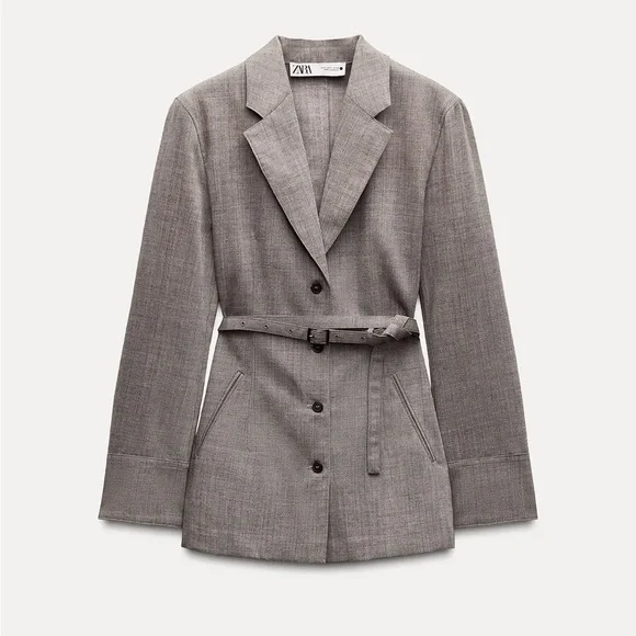 ZARA Brown Taupe 100% Wool Belted Blazer Jacket Coat ZW Collection Gray XS NWT - Picture 5 of 16